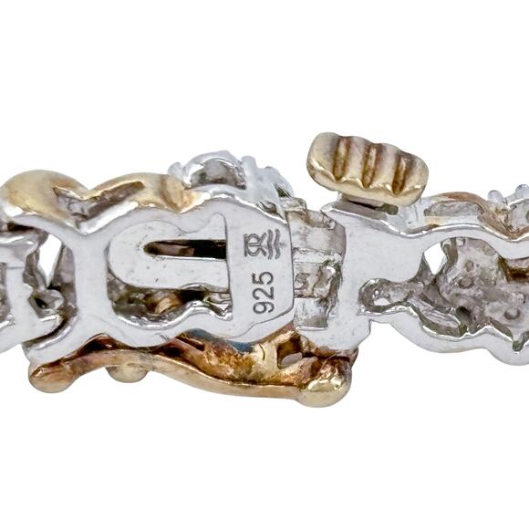Estate Sterling Silver 925 Diamond Two-Tone Link Bracelet 7.25" - Picture 6 of 9